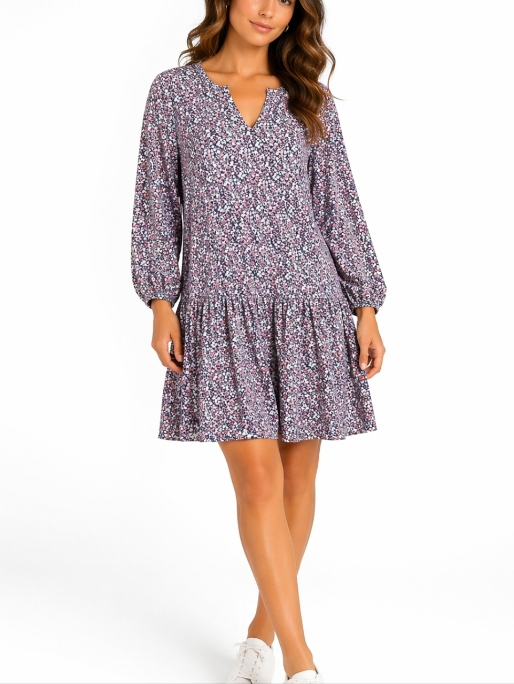 Banana Republic Ditsy Floral Print Long Sleeve Drop Waist Ruffle Hem Dress